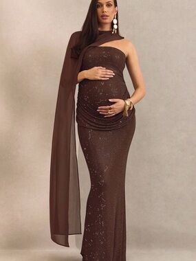 Sequin Maternity Column Dress with Draped Scarf - Brown
